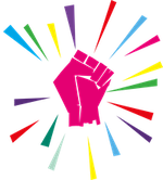 Un poing levé rose et des traits de toutes les couleurs en partent comme pour symboliser de l'énergie.