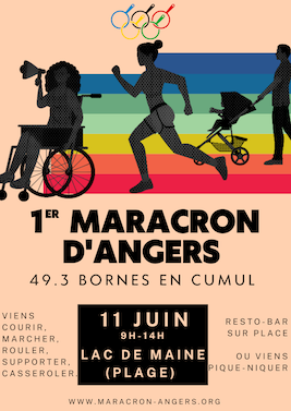 L'affiche du premier Maracron d'Angers est rédigée en noir sur un fond couleur saumon. Tout en haut, se trouve les 5 anneaux olympiques mais remplacés par des casseroles. Juste en dessous, des silhouettes en noir se dirigent toutes vers la gauche : une femme en fauteuil roulant tenant un mégaphone, une femme qui court en tenue de sport, un homme derrière une poussette. A leur passage, des bandes horizontales colorées tapissent le lointain. Du haut vers le bas, on voit du bleu marine, du bleu cyan, du vert foncé, du vert clair, du jaune, du orange, du rouge.