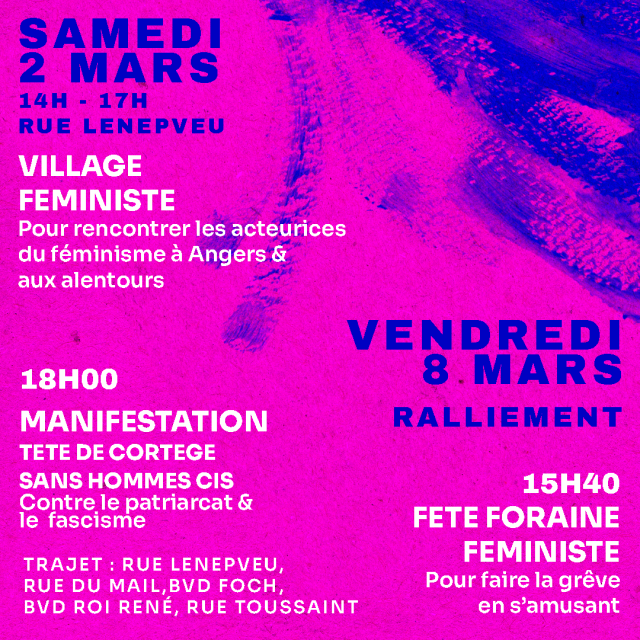 Affiche rose et bleue : vendredi 8 mars, Ralliement, 18h Manifestation, Tête de cortège sans homme cis, contre le patriarcat et le fascisme